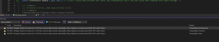 A screenshot from Visual Studio showing NuGet vulnerabilites as Warnings in the Error List.